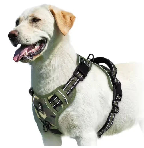 alt="Harnais pour chien ravec bandes retroreflechissante couleur kaki"