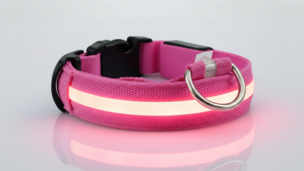 alt="Collier pour chien vue rapprochée des LED rose"