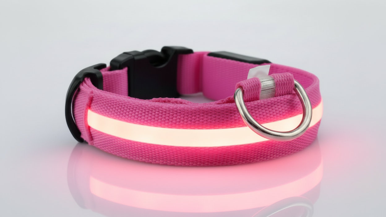 alt="Collier pour chien vue rapprochée des LED rose"