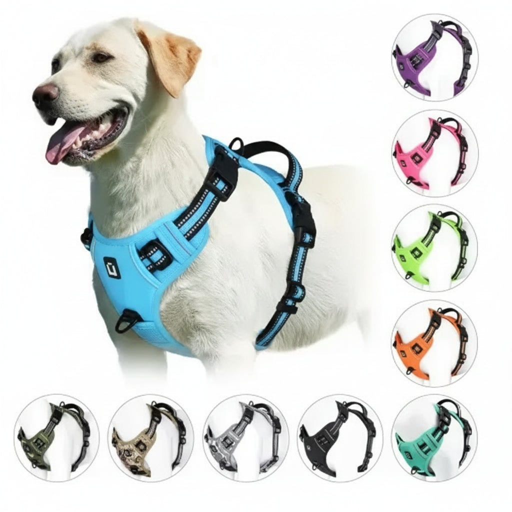 alt="Détail des bandes rétro‑réfléchissantes harnais chien"