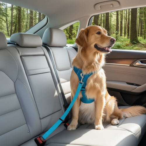 alt="Ceinture de sécurité ajustable pour animaux - harnais chien chat voiture"