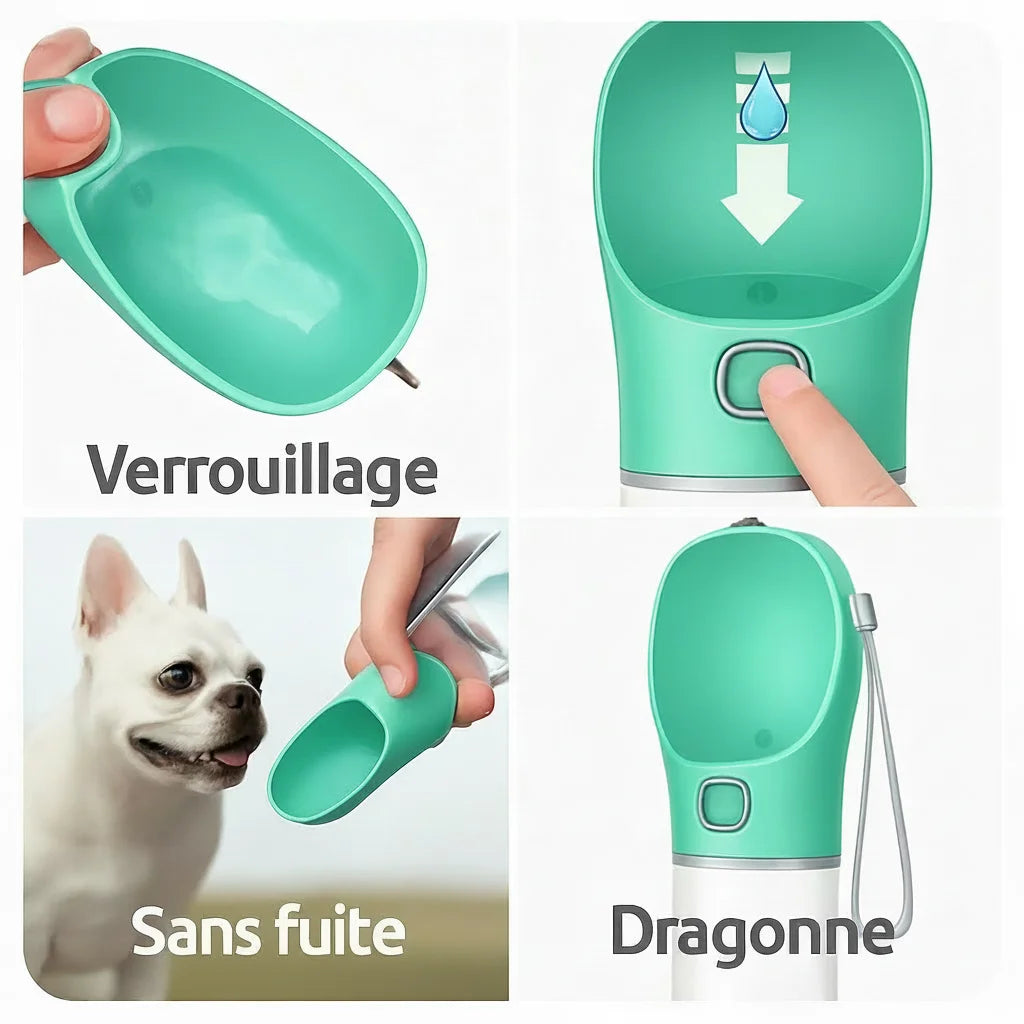 alt="Gourde d’eau pour chien avec design ergonomique sans fuite verrouillage"