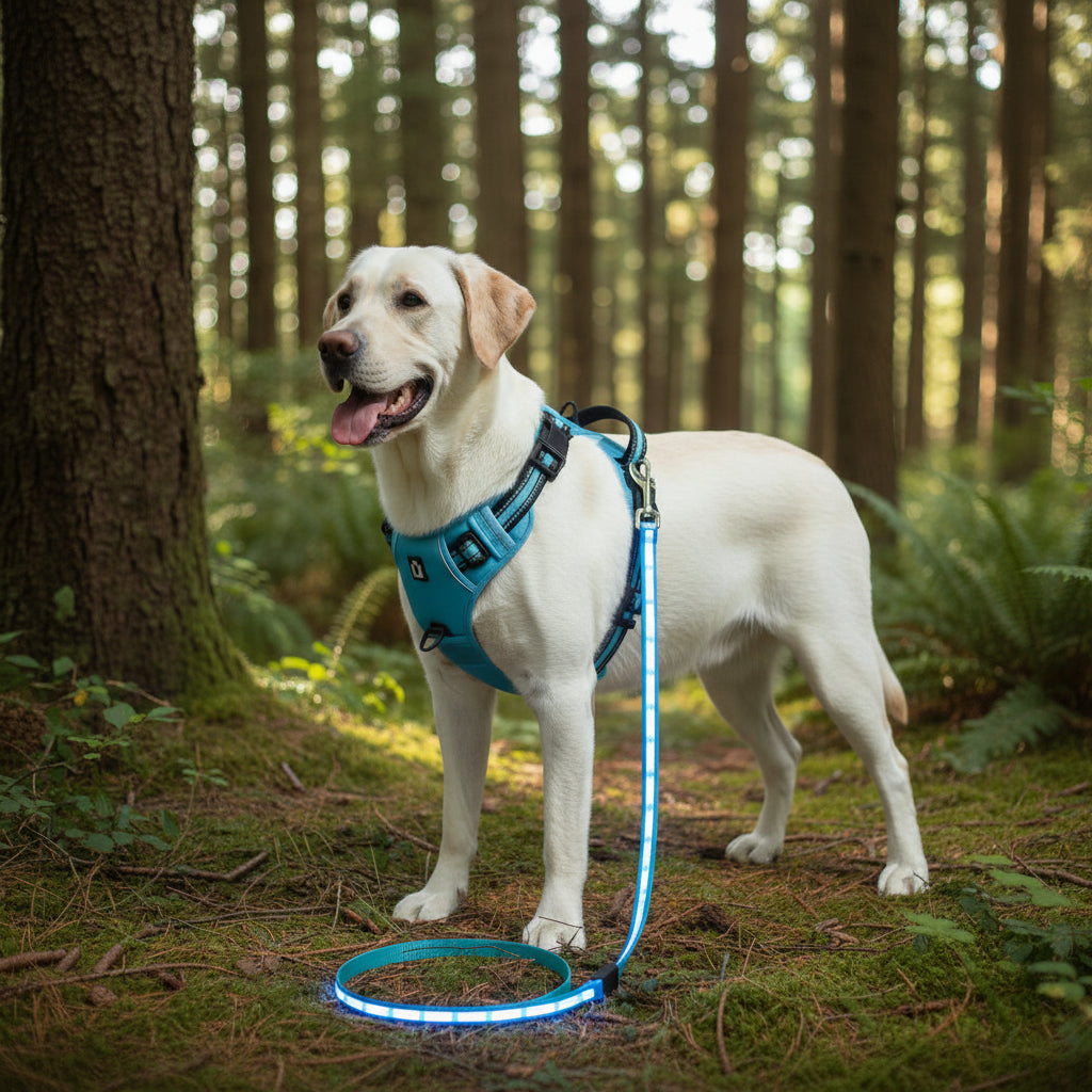 alt="Laisse LED lumineuse pour chien - différents modes d'éclairage, promenade sécurisée"