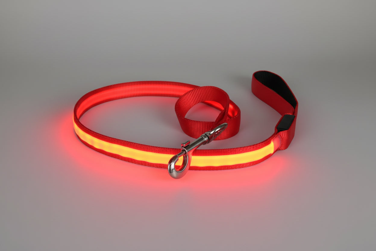 alt="Chiens portant la laisse LED lumineuse en extérieur couleur rouge"
